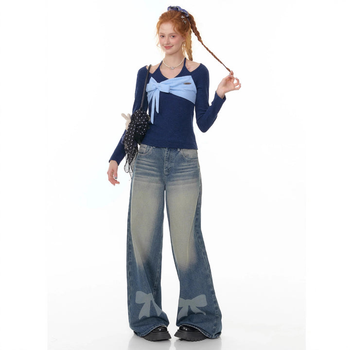 Damen Weite Denim-Hose mit aufregenden Schleifendetails Drune