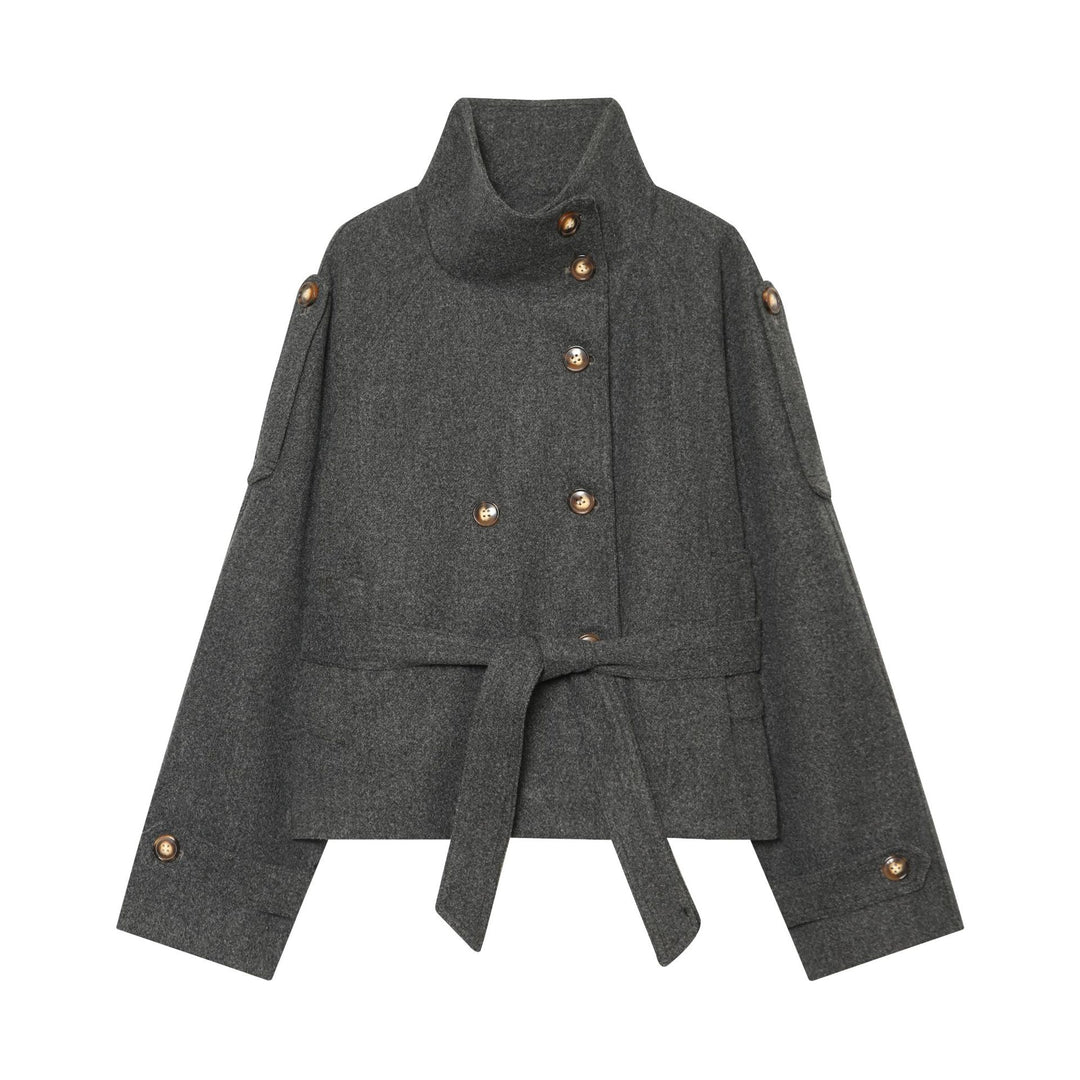 Damen Kurzer Wollcape-Mantel mit doppelreihiger Knopfleiste, hohem Stehkragen und Taillengürtel Drune