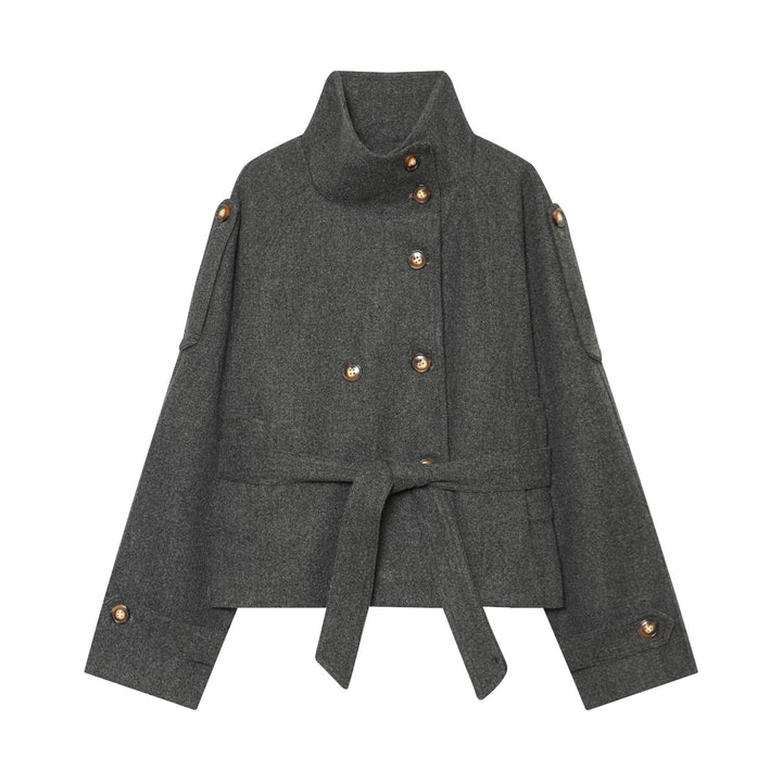 Damen Kurzer Wollcape-Mantel mit doppelreihiger Knopfleiste, hohem Stehkragen und Taillengürtel Drune