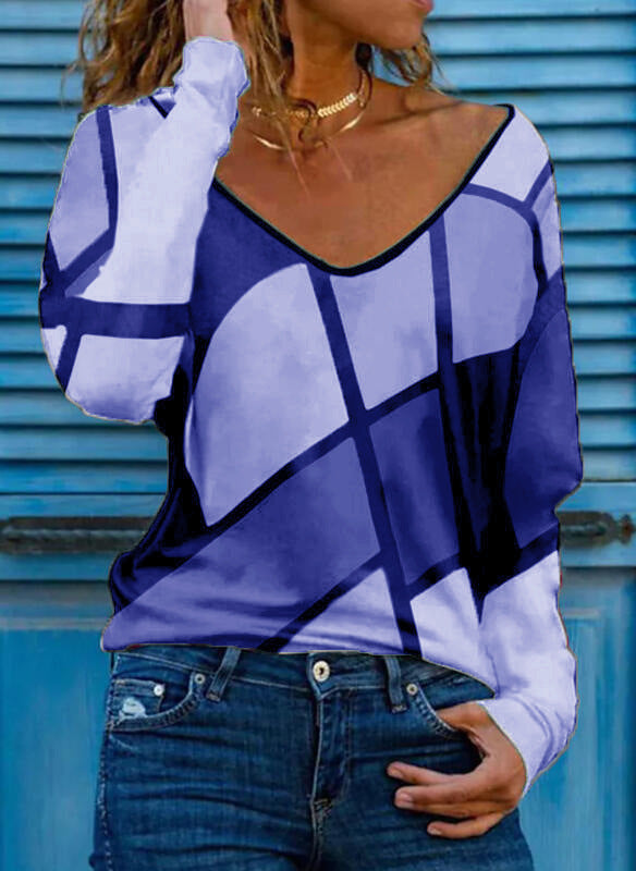 Damen Loose V-Ausschnitt Langarmshirt mit geometrischem Blockdruck und Oversized Passform Drune