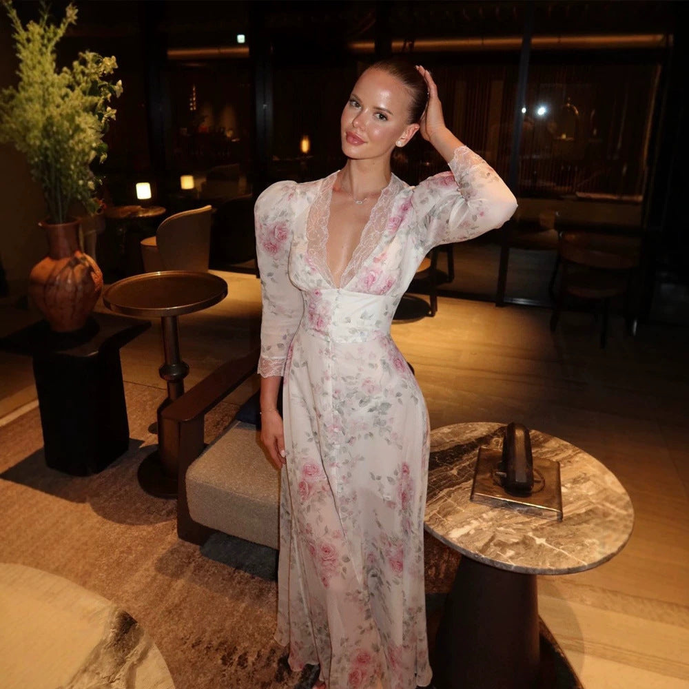 Damen Romantisches Chiffon-Maxikleid mit Spitzen‑V‑Ausschnitt, Puffärmeln und vorderem Schlitz Drune