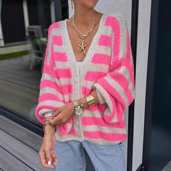 Damen Oversized Strickjacke mit modernem Streifenmuster und lässigem Schnitt Drune