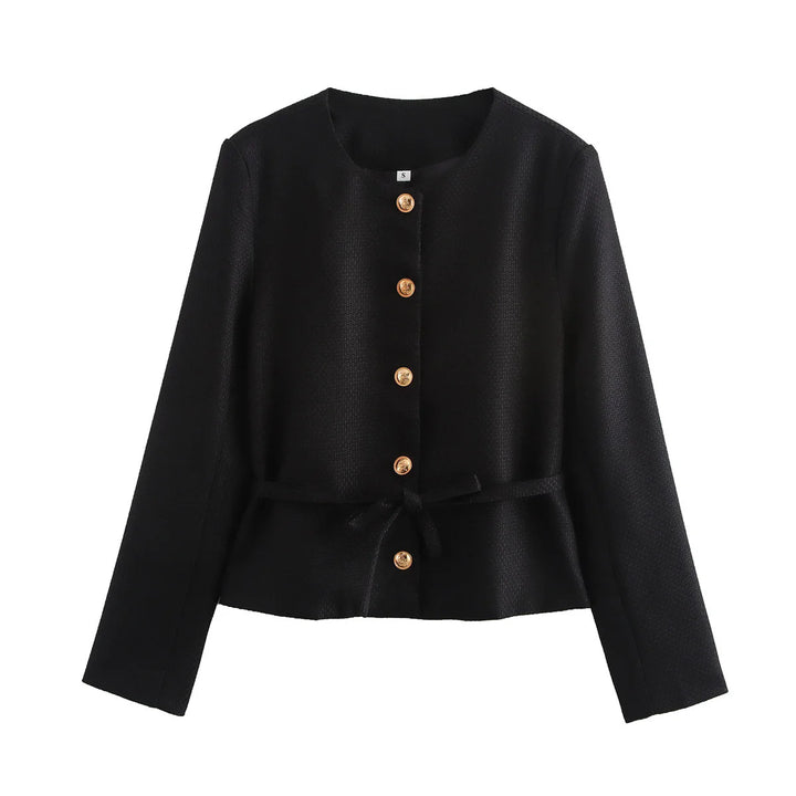Damen nan taillierte Knopfjacke mit Rundhalsausschnitt, taillenbindegürtel und feiner Webstruktur Drune