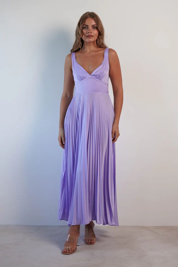 Damen Plissiertes Maxikleid mit V-Ausschnitt und schwingendem Rock Drune