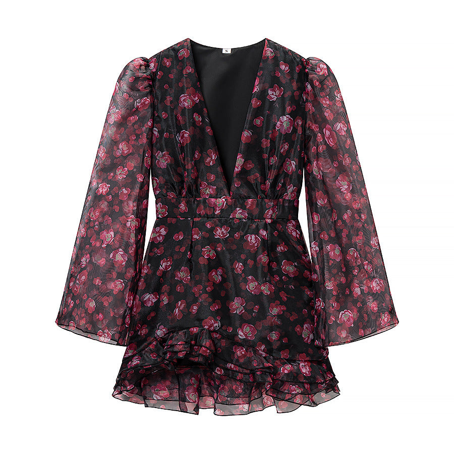 Damen Florales Chiffon-Minikleid mit tiefem V‑Ausschnitt, Rüschenstufen und Trompetenärmeln Drune