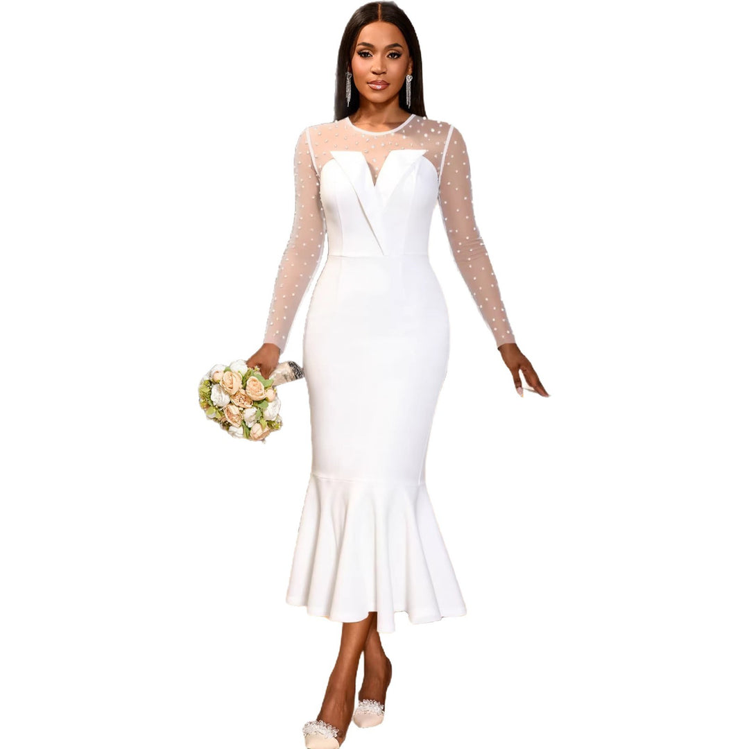 Damen Elegantes Hochzeitskleid mit transparenten Puffärmeln und Taillengürtel Drune