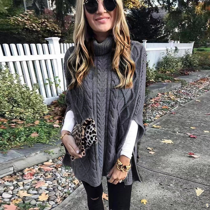 Damen nan kastiger Strickponcho mit hohem Rollkragen, Zopfstruktur und seitlichen Schlitzen Drune