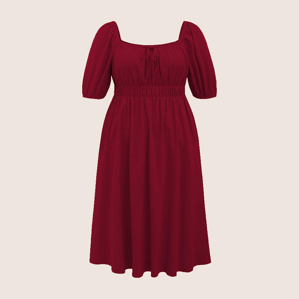 Damen elegantes Midikleid mit modischen Puffärmeln und Taillenschnürung Drune
