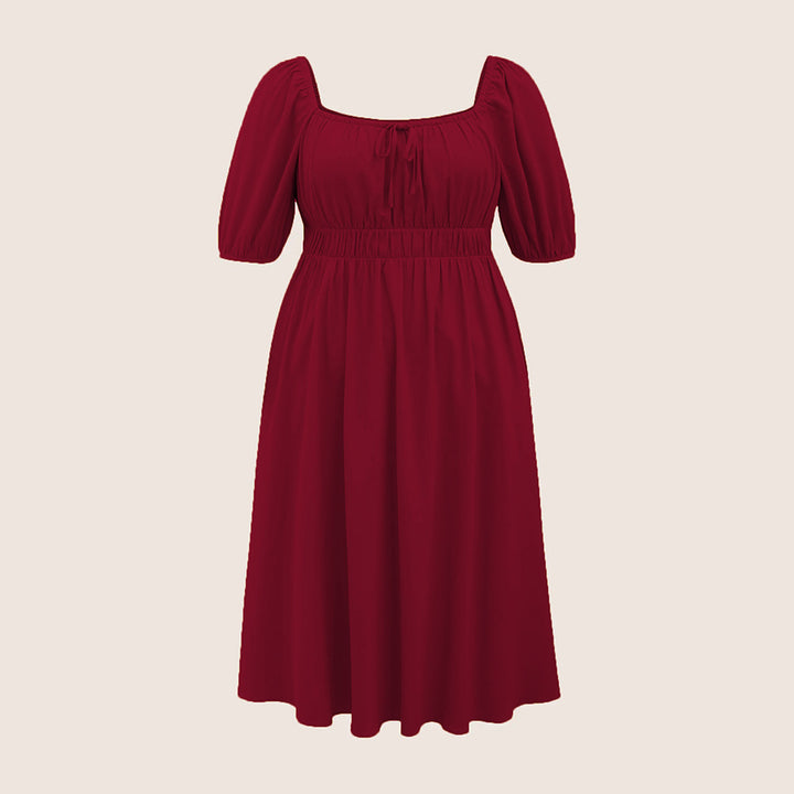 Damen elegantes Midikleid mit modischen Puffärmeln und Taillenschnürung Drune