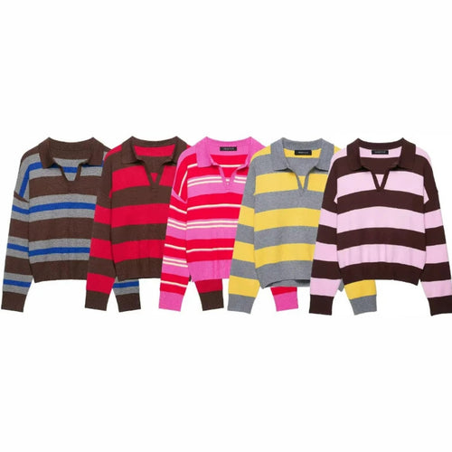 Damen Cropped Rugby-Strickpullover mit Kentkragen und V‑Ausschnitt Drune