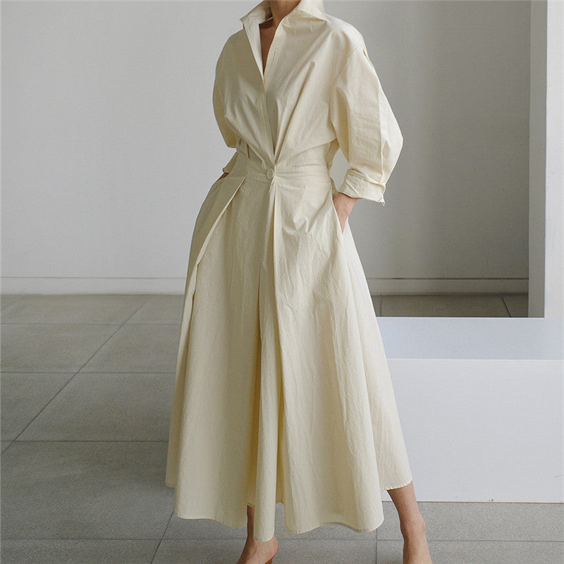 Damen Midaxi-Hemdblusenkleid mit tailliertem Drapé und weitem Tellerrock Drune