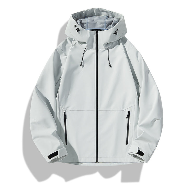 Herren Minimalistische Softshell-Regenjacke mit TPU‑Membran, verschweißten Nähten und verstellbarer Kapuze Drune