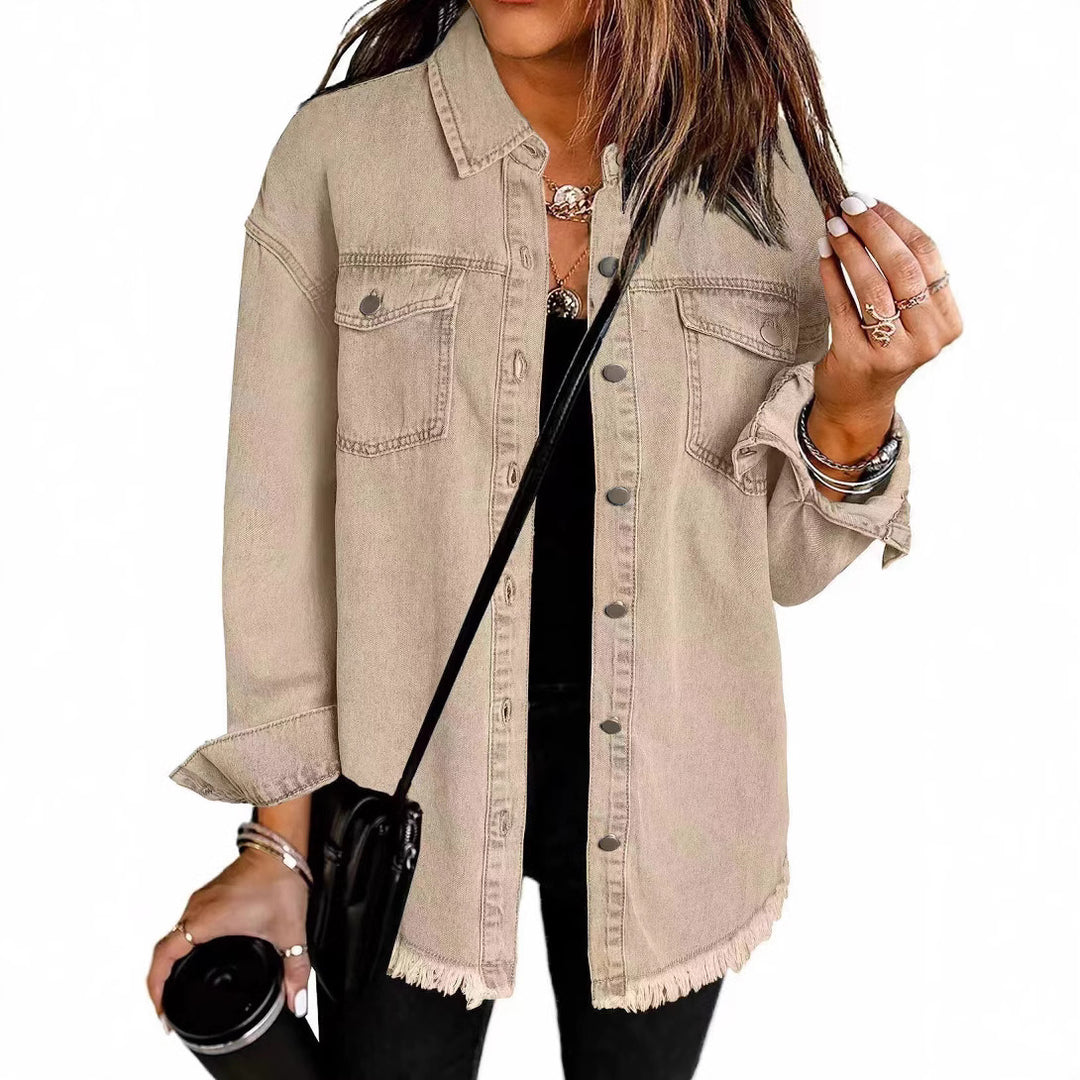 Damen Oversize Jeanshemdjacke mit Fransensaum Drune
