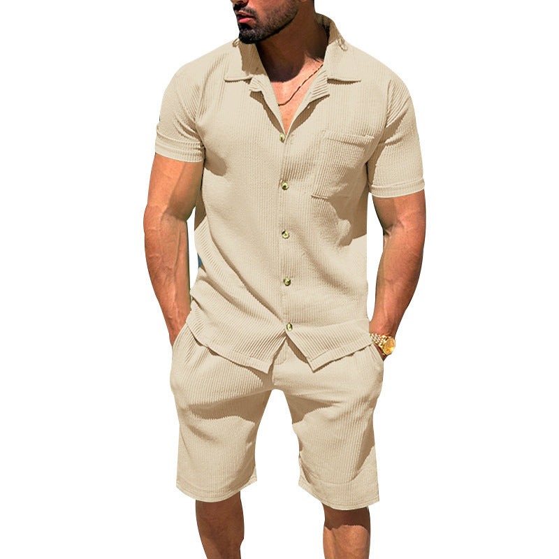 Herren nan lässiges zweiteiliges Freizeitset aus geripptem Jersey mit Hemdkragen Knopfleiste und Shorts Drune