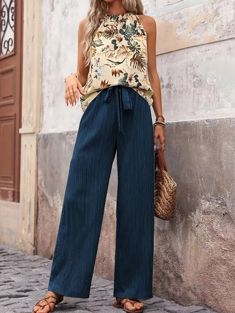 Damen Lässiges Oberteil mit floralem Print und weit geschnittener Hose Drune