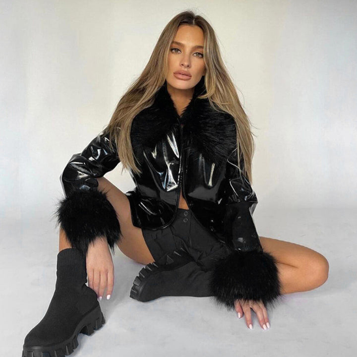 Damen modische Jacke mit luxuriösem Kunstpelzkragen und glänzender Oberfläche Drune