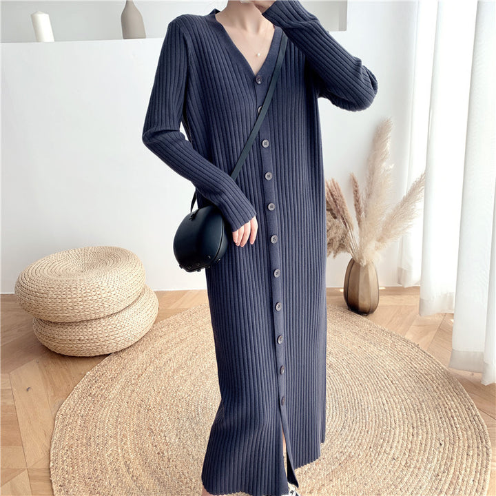 Damen Strickkleid mit tiefem V-Ausschnitt und tailliertem Gürtel Drune
