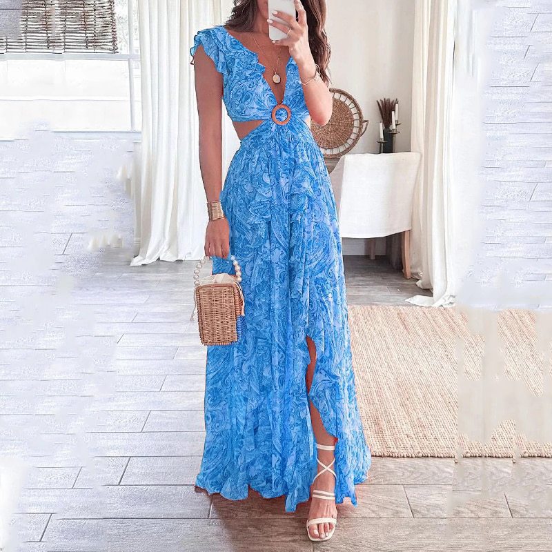 Damen Langes Maxikleid mit elegantem Cut-Out Design und Rüschenausschnitt Drune