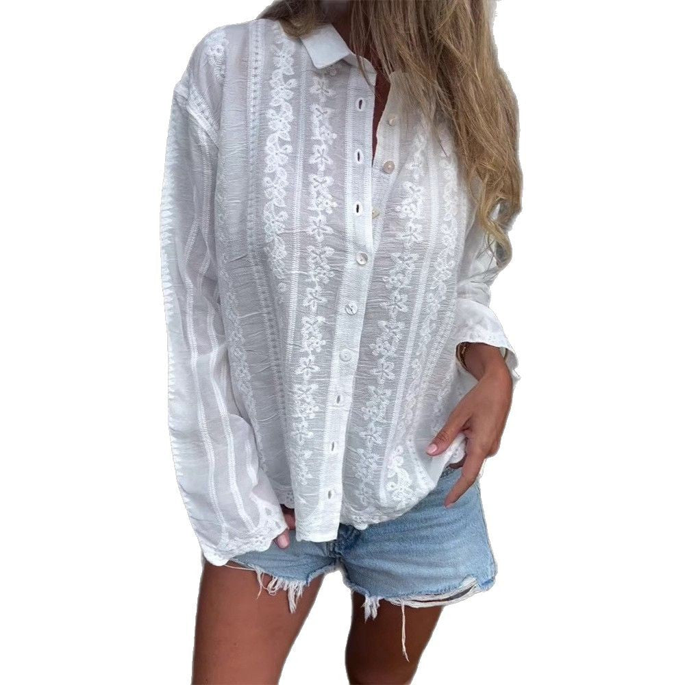 Damen nan bestickte Hemdbluse mit floraler Ajour-Stickerei, Perlmuttknopfleiste und legerer Oversize-Passform Drune
