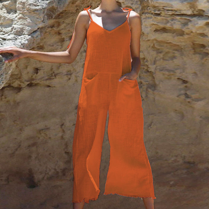 Damen Leinen-Jumpsuit mit stylischem V-Ausschnitt und praktischen Taschen Drune
