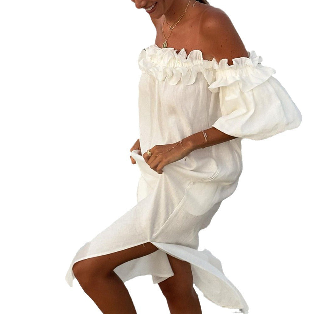 Damen Off-Shoulder Sommerkleid mit Rüschendetails Drune