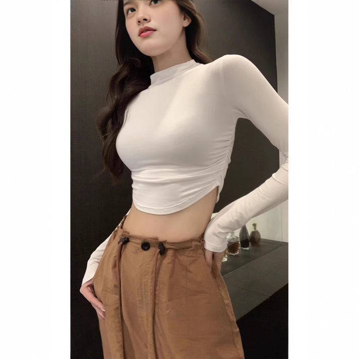Damen Figurnahes Langarm-Cropped-Top mit Stehkragen, seitlicher Raffung und verlängerten Ärmeln Drune