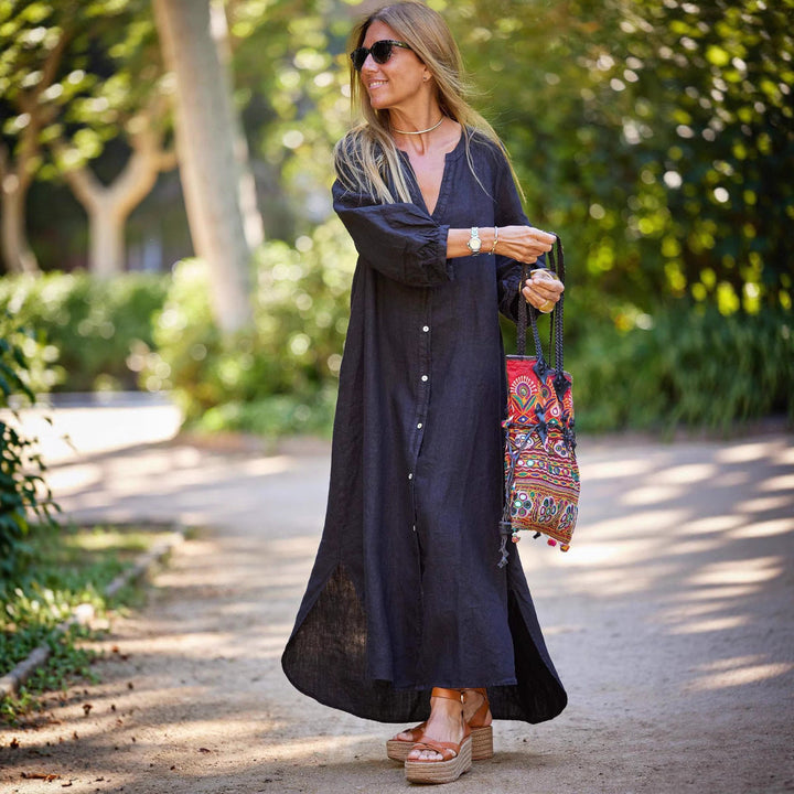 Damen lässiges Langarmkleid mit Knopfleiste und Ballonärmeln Drune