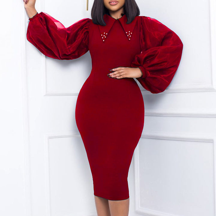 Damen Etuikleid mit Puffärmeln und eleganter Kragenverzierung Drune