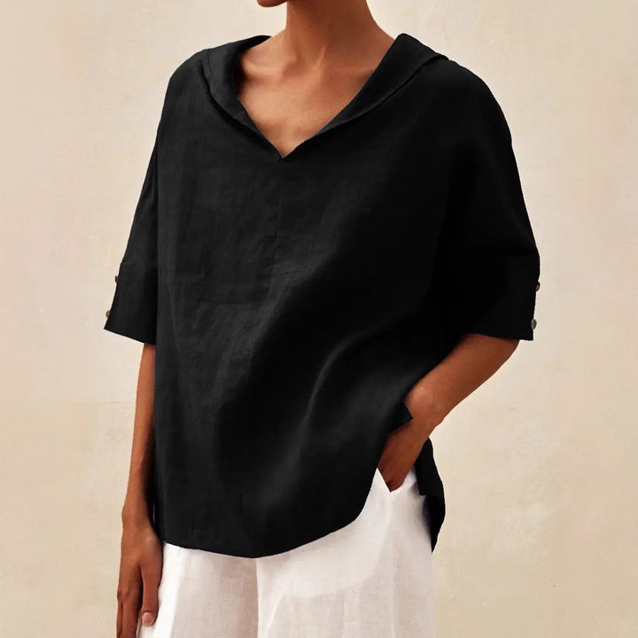 Damen lässige Leinenbluse mit Kapuze und kurzen Ärmeln Drune