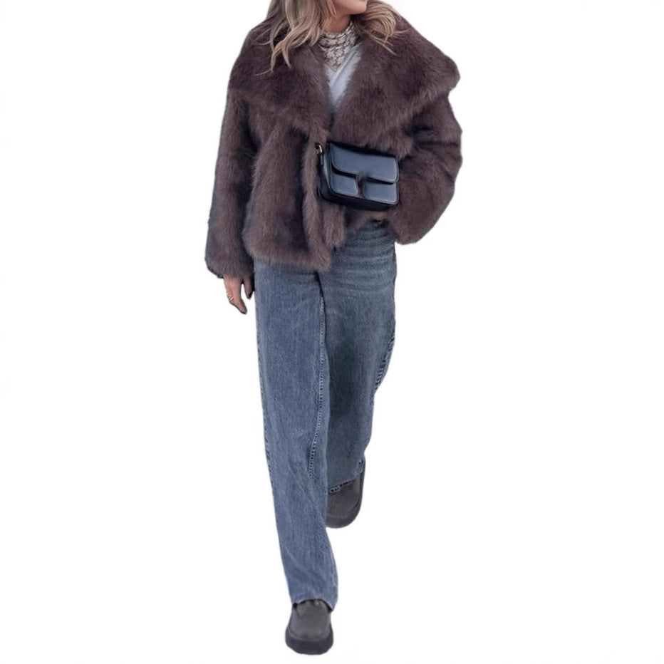 Damen Luxuriöse Kunstfelljacke mit voluminösen Ärmeln und breitem Revers Drune