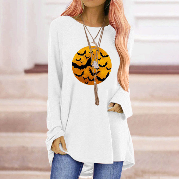 Damen Rundhalsshirt mit künstlerischem Halloween-Motiv und bequemer Passform Drune