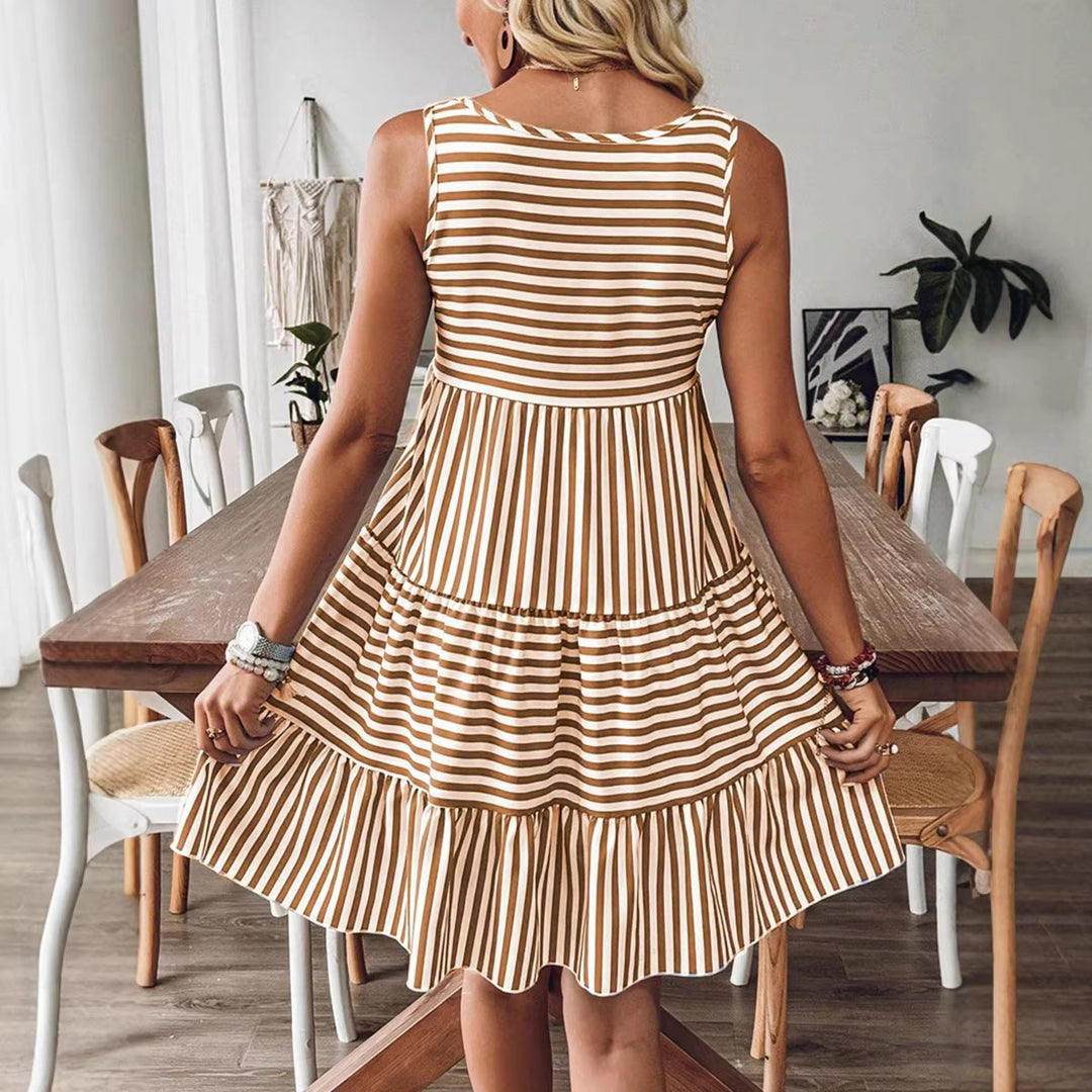 Damen Freizeitkleid mit modischem Streifenmuster und Rüschensaum Drune