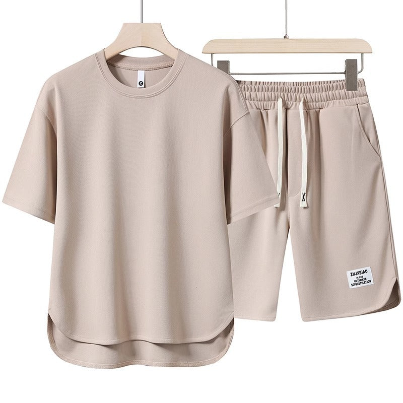 Unisex lässiges Set aus T-Shirt und Shorts mit seitlichen Taschen und elastischem Bund Drune