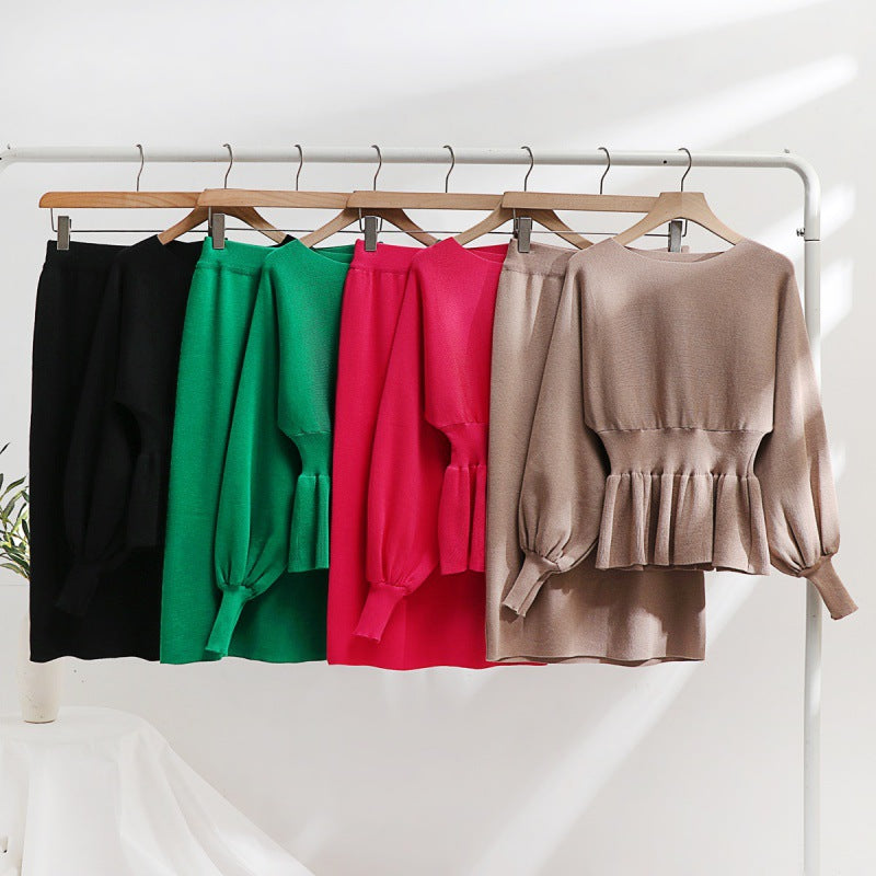 Damen elegantes Strickensemble mit Raffung und Ballonärmeln Drune