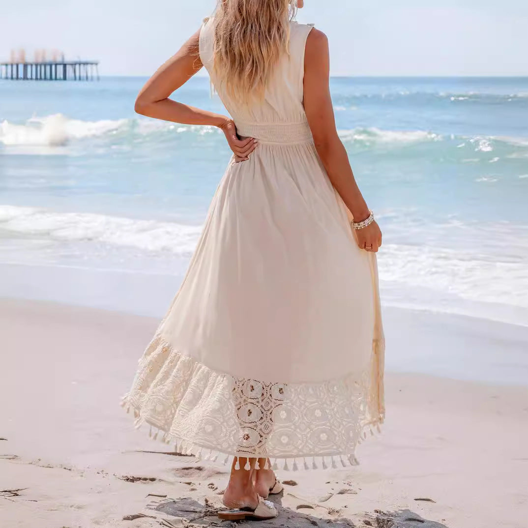 Damen Bohemian Maxikleid mit Spitzen- und Rüschendetails Drune