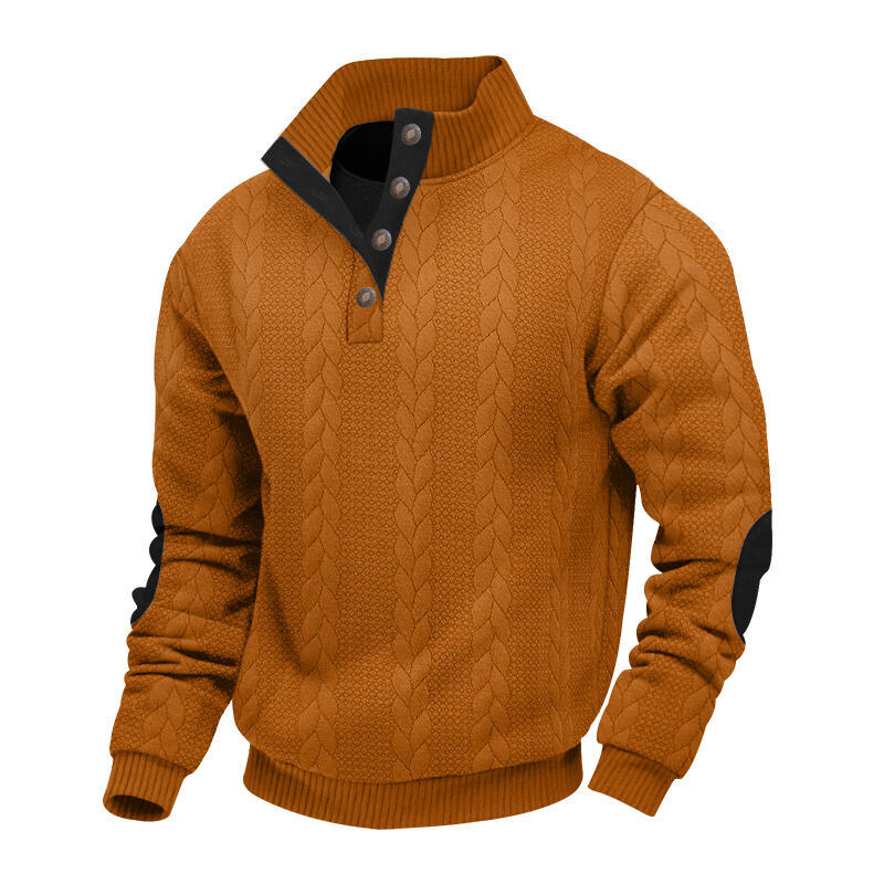 Herren nan grober Zopfstrick Troyer mit Knopfleiste und Veloursleder-Ellenbogenpatches Drune