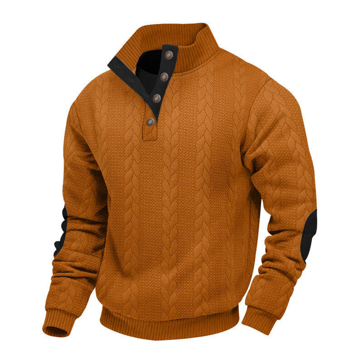 Herren nan grober Zopfstrick Troyer mit Knopfleiste und Veloursleder-Ellenbogenpatches Drune