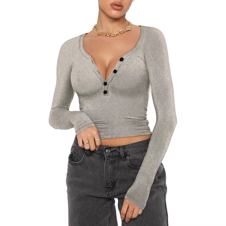 Damen nan figurbetontes geripptes Longsleeve mit Henley-Knopfleiste und tiefem V-Ausschnitt Drune
