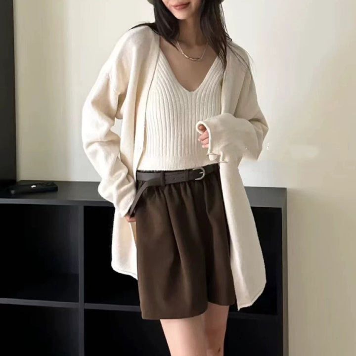 Damen lässiger Strickcardigan mit feiner Struktur und großen Knöpfen Drune