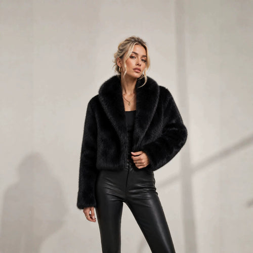 Damen Cropped Kunstpelz-Kurzjacke mit extravoluminösem Schalkragen Drune