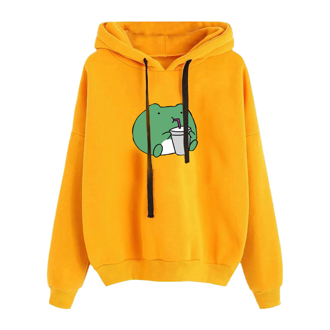Damen nan kurz geschnittener Cropped-Kapuzenpullover mit niedlicher Frosch-Illustration und verstellbarer Kapuze Drune