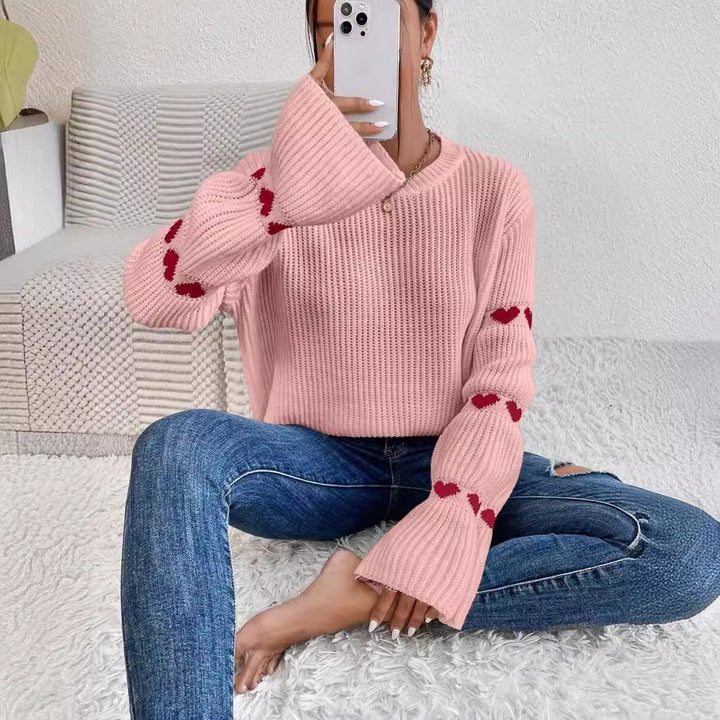 Damen lässiger Strickpullover mit Herzmuster und weitem Arm Drune
