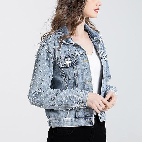 Damen Denimjacke mit Perlenverzierungen Drune