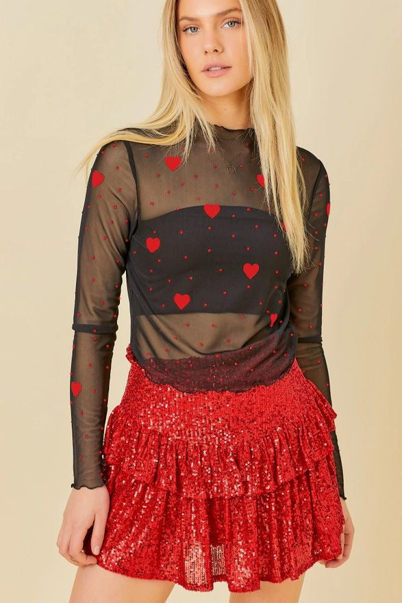 Damen transparenter Langarmbody mit Herzmotiv und Funktionsrock Drune