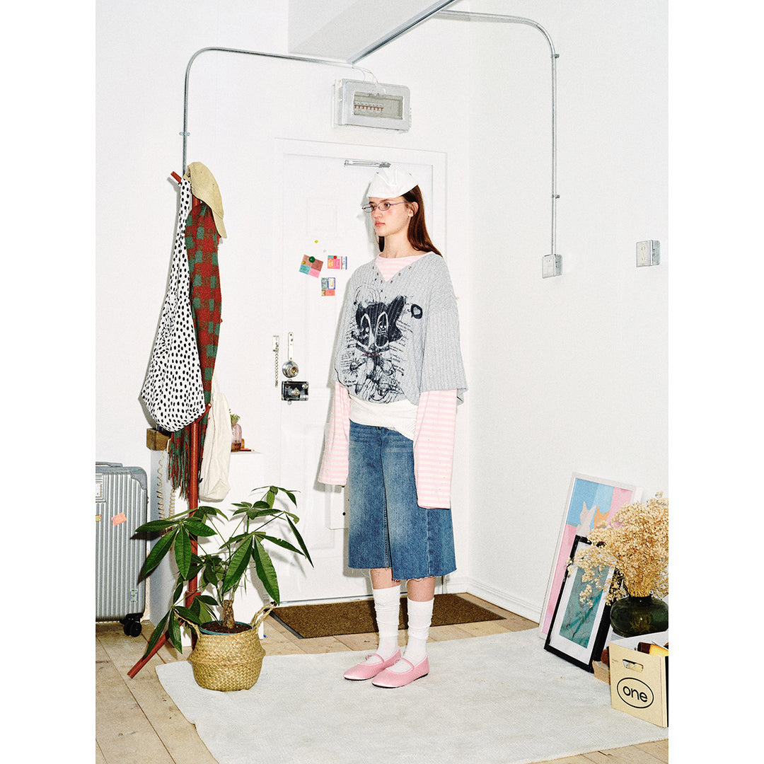 Damen Lagenlook-Longsleeve mit gestreiften Ärmelärmeln und grafischem Statement-Print Drune