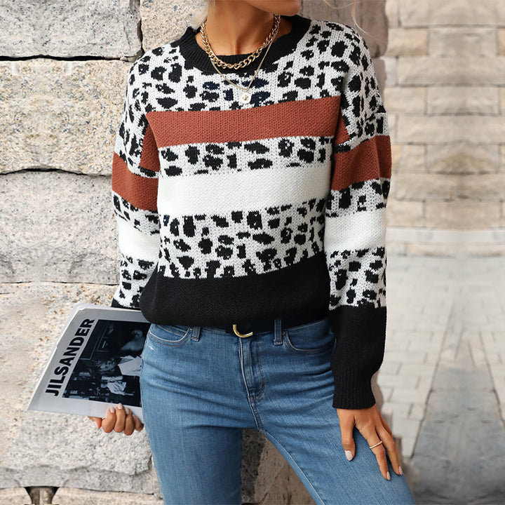 Damen Feinstrickpullover mit Animalprint‑Blockstreifen und geripptem Saum Drune