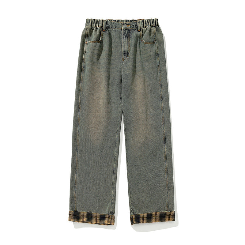 Damen Weite Denim-Palazzo-Hose mit elastischem Rüschbund und karierter Umschlagkante Drune