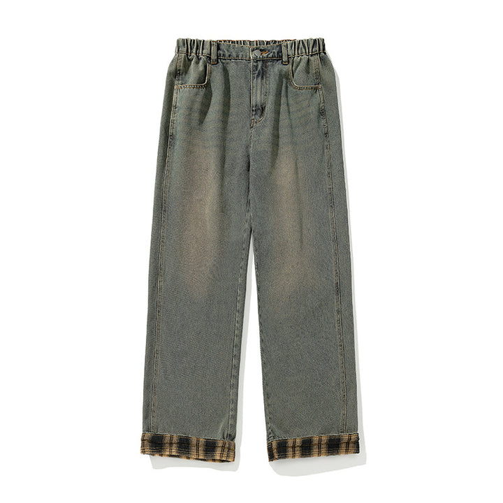 Damen Weite Denim-Palazzo-Hose mit elastischem Rüschbund und karierter Umschlagkante Drune