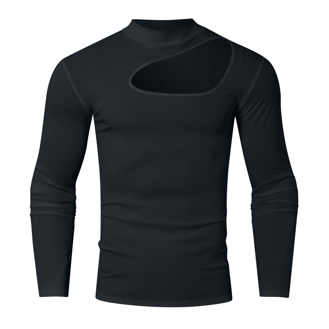 Damen nan eng anliegendes Langarm-Oberteil aus feinem Rippjersey mit asymmetrischem Schulter-Ausschnitt und hohem Kragen Drune
