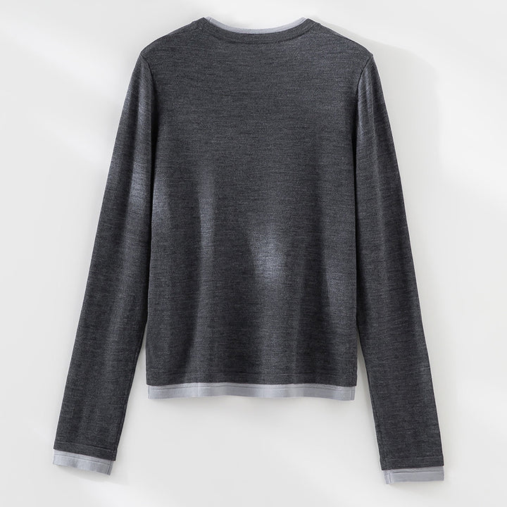 Damen Leichter Feinstrick-Langarmpullover mit Kontrastbündchen und Rundhalsausschnitt Drune